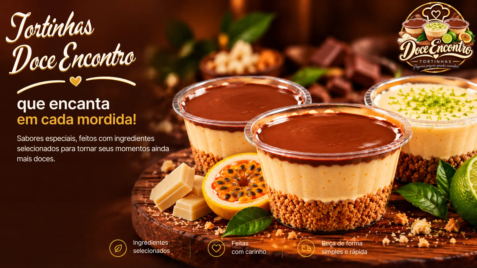 Tortinhas artesanais da Doce Encontro em potinhos sobre tábua de madeira, com maracujá, limão e chocolates